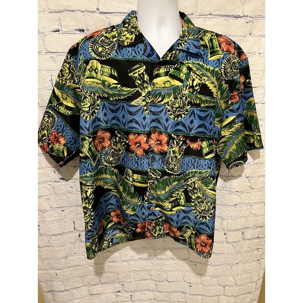 Montage Tropics Mens Aloha Hawaiian Tropical Blue/green Shirt Size Large